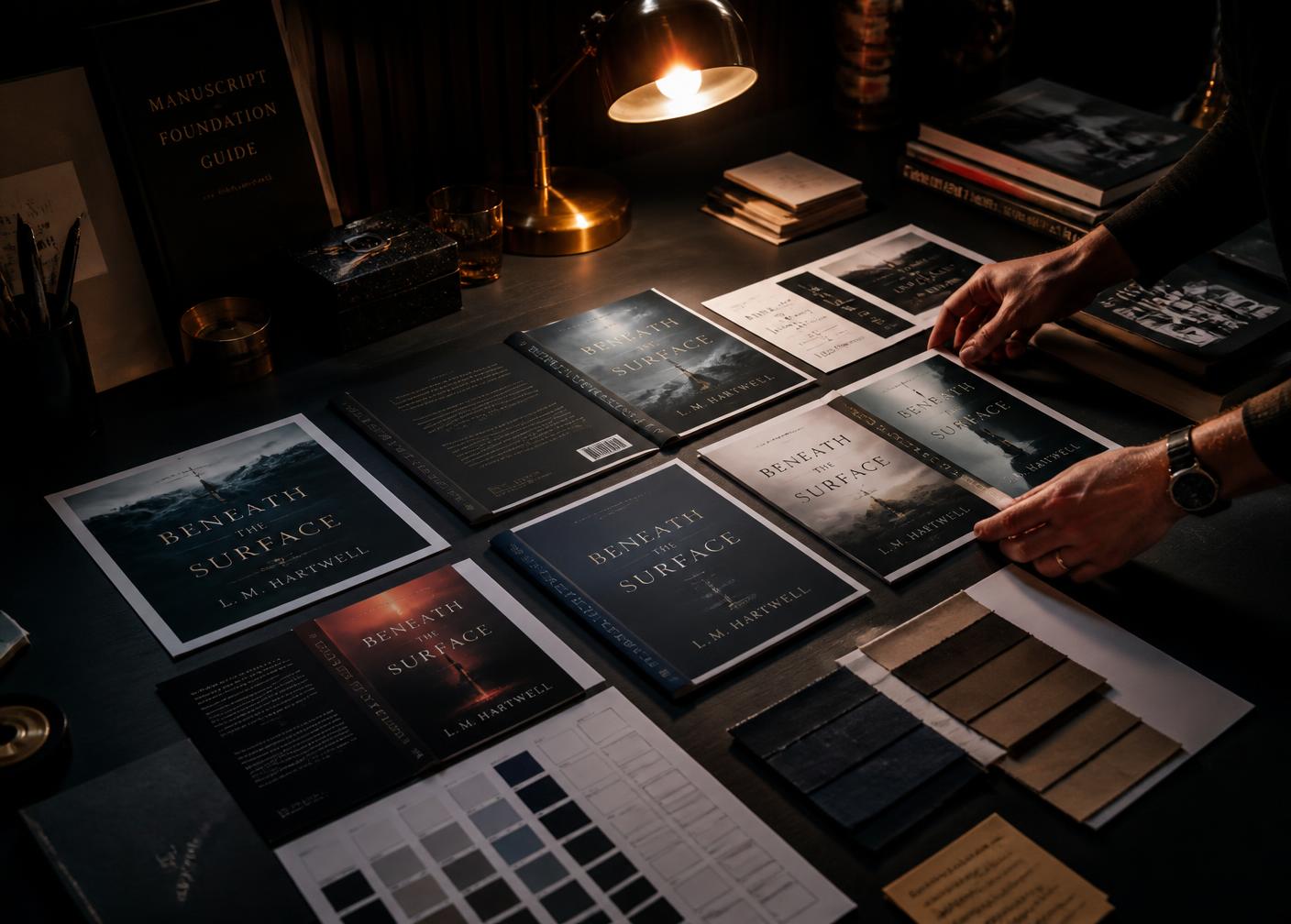 Designer reviewing printed book cover proofs under warm studio light