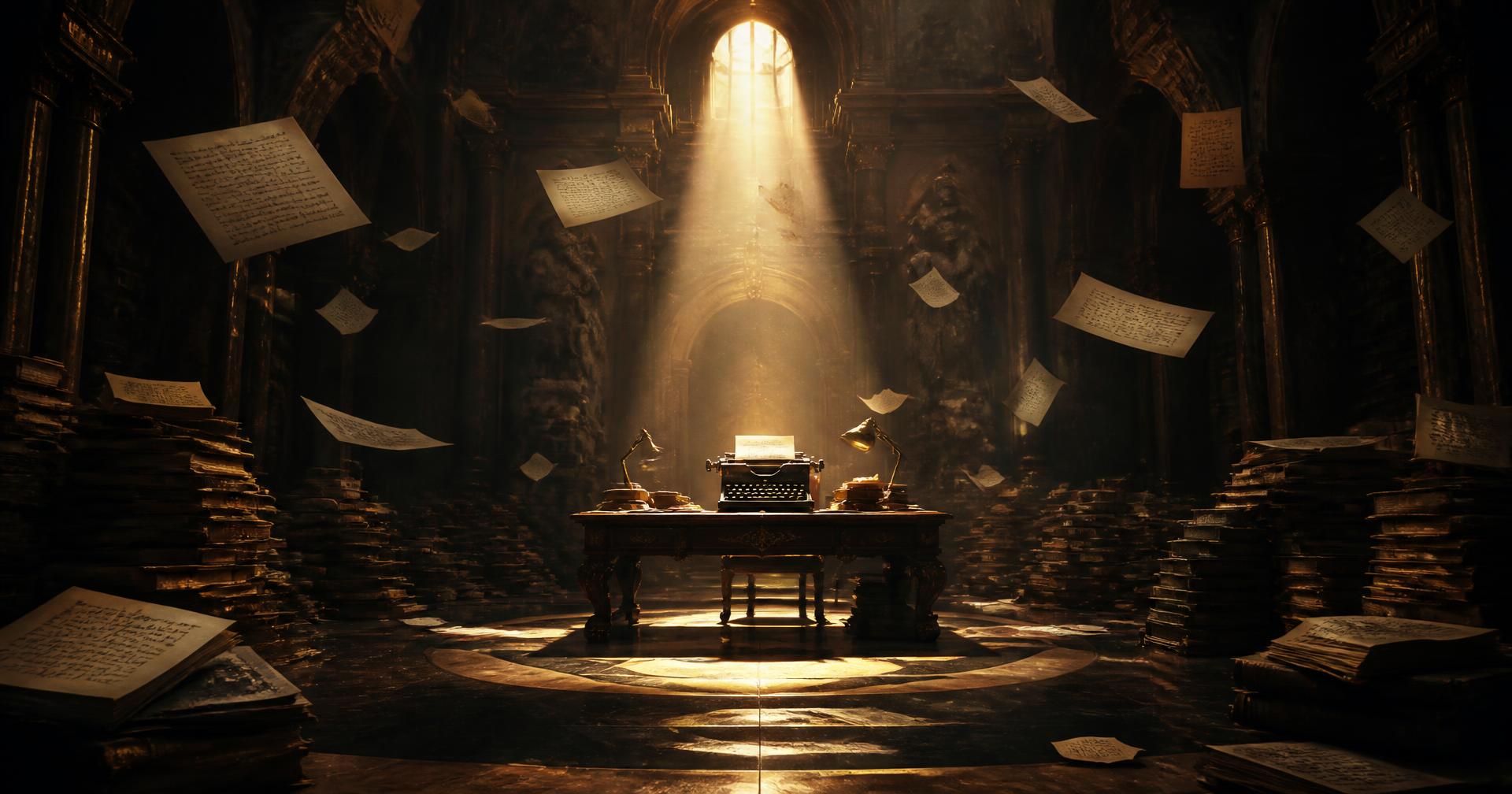 Dramatic publishing hall with a typewriter under a shaft of golden light