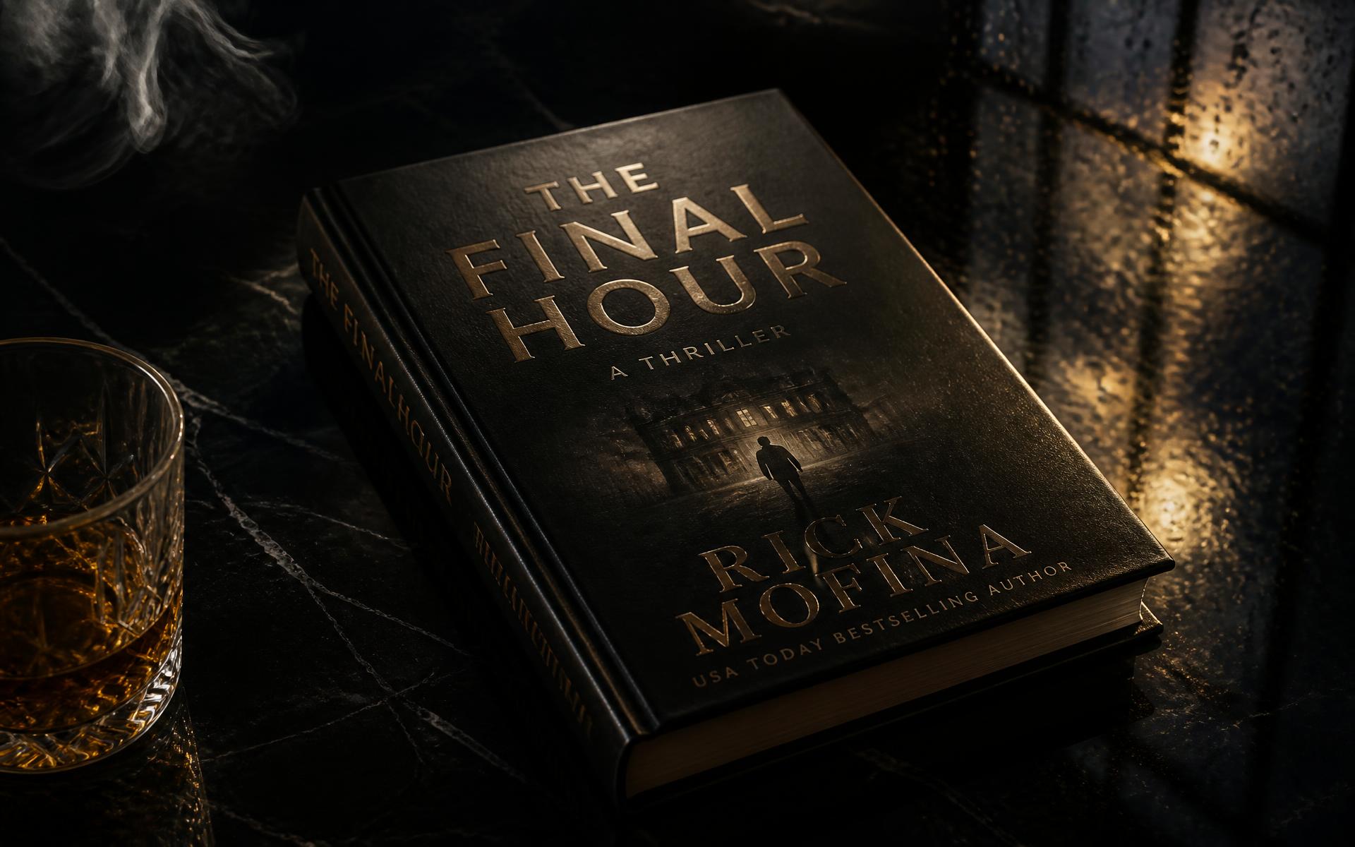 Dark thriller hardcover novel lit by a single warm light
