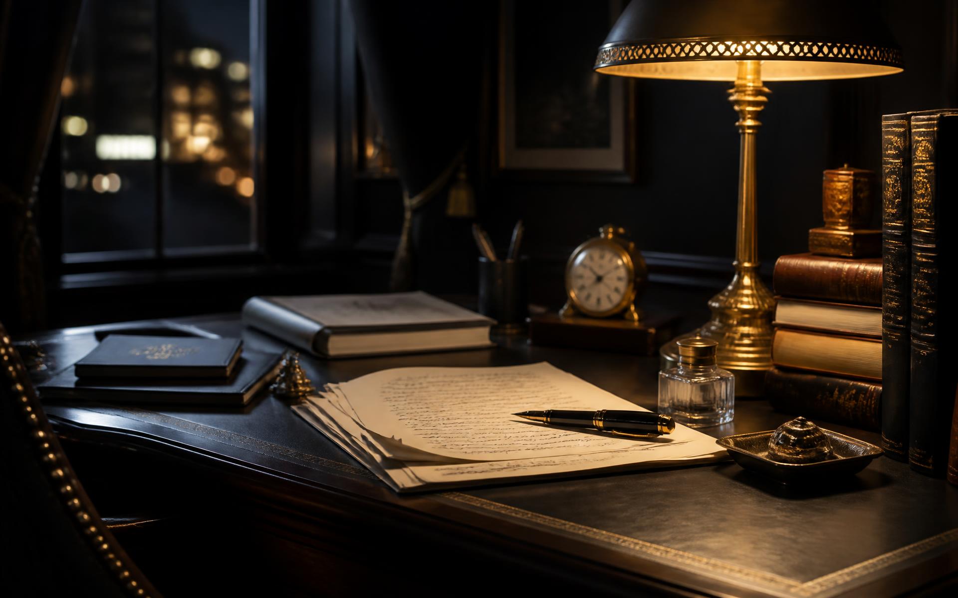 Manuscript pages and fountain pen on a dark writing desk