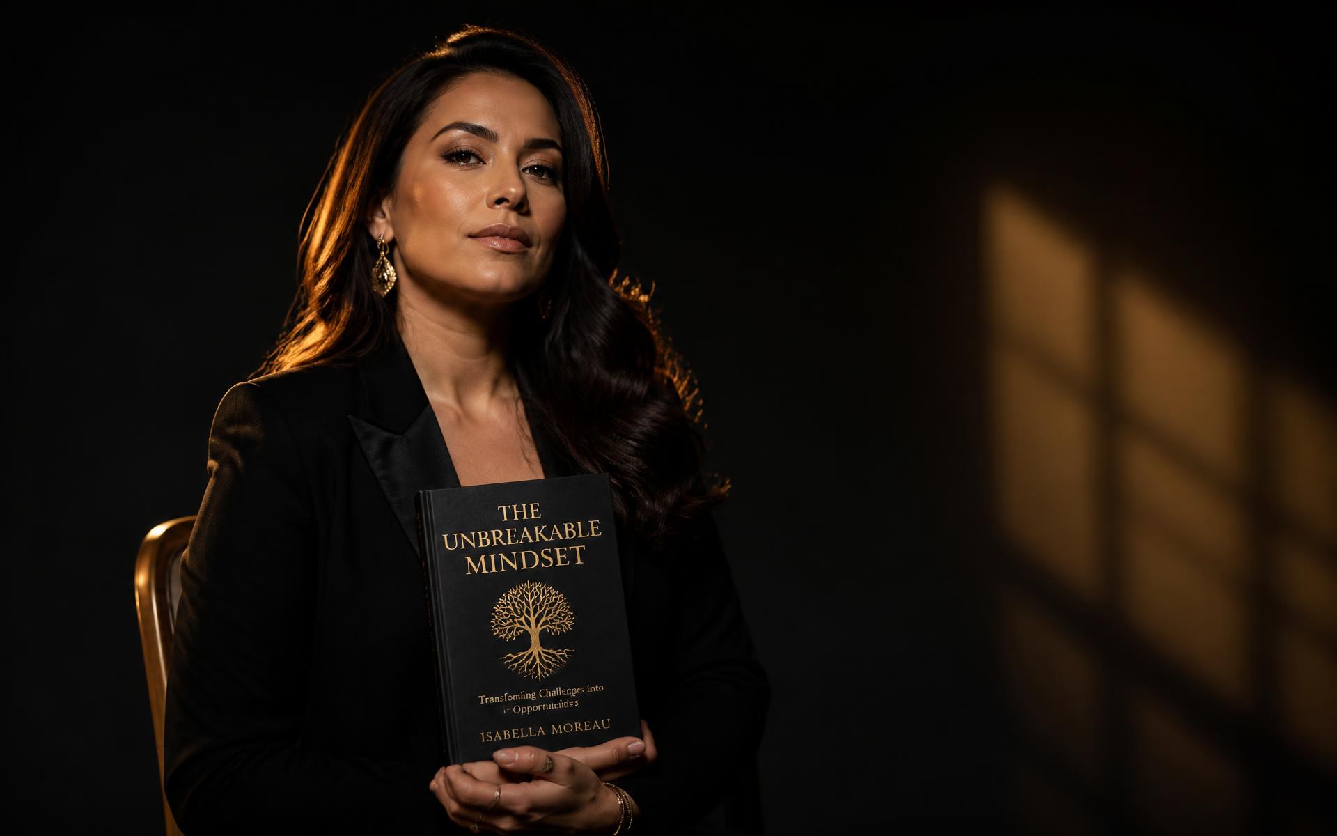 Author holding her book under warm studio light