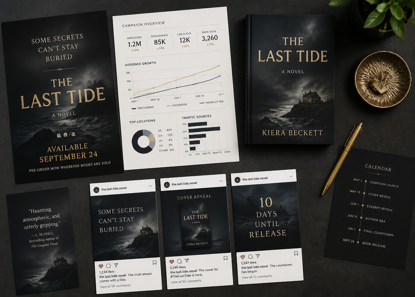 Book promotion campaign materials laid out on a dark desk