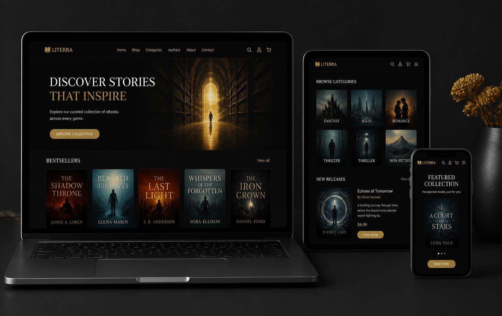 Laptop, tablet and phone showing an elegant eBook storefront