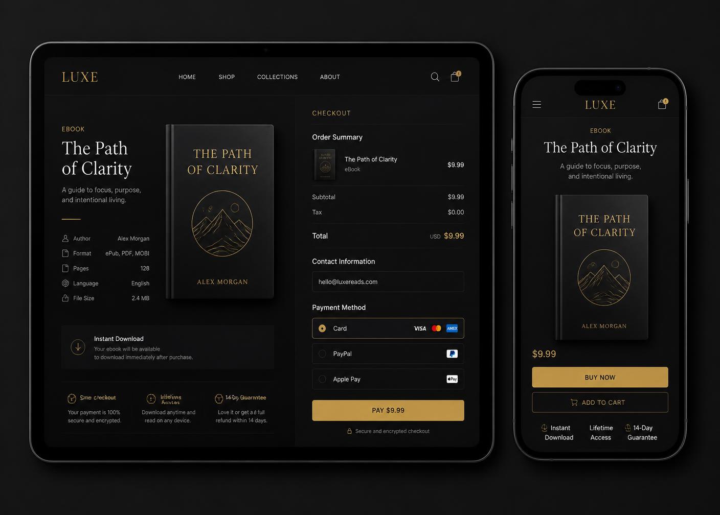 Tablet and phone showing a dark eBook checkout experience