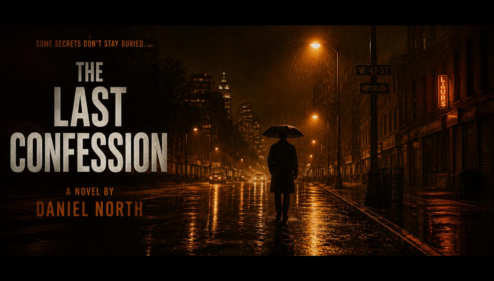 Cinematic thriller book trailer frame of a rain-soaked street