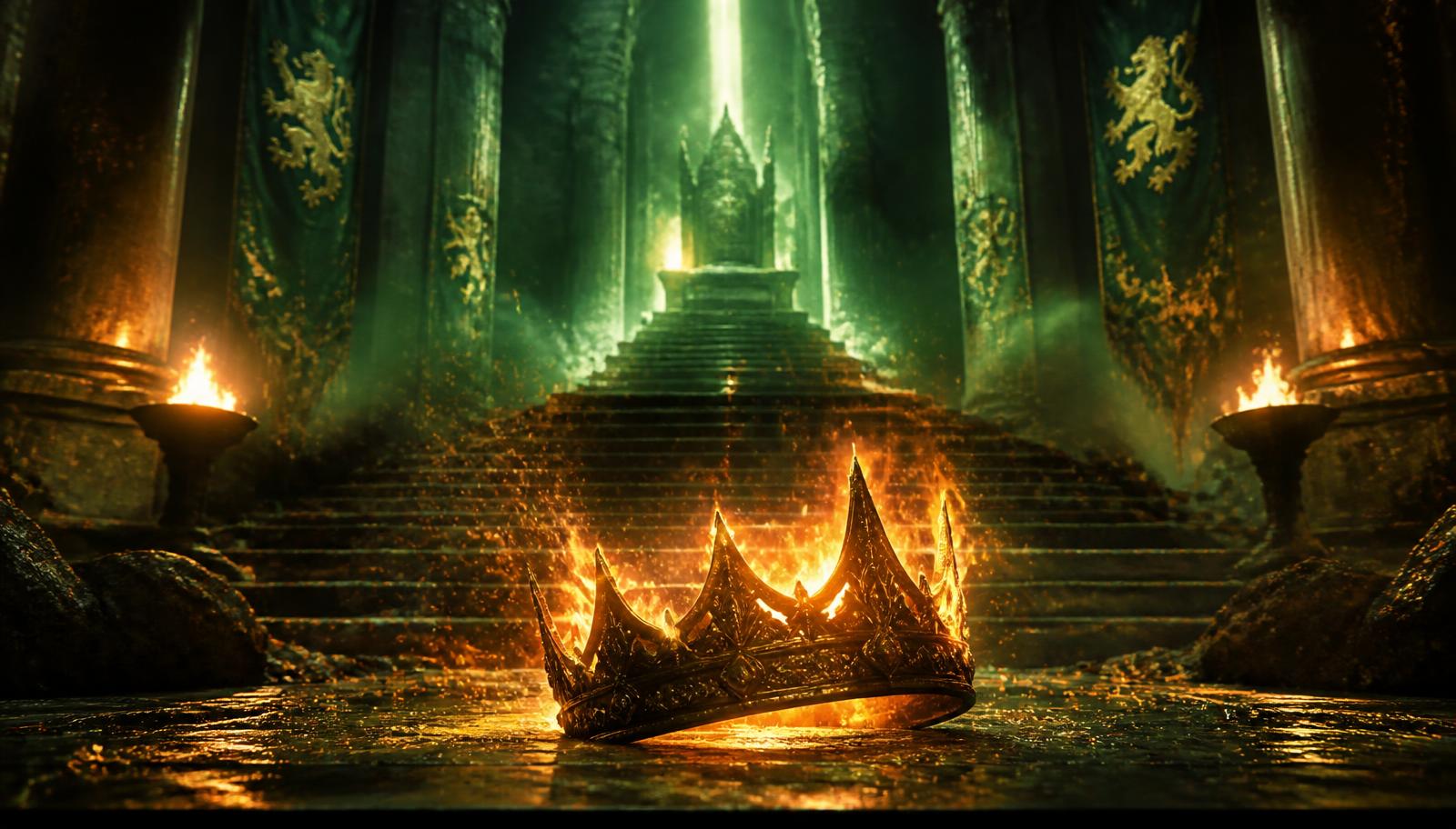Cinematic fantasy book trailer frame with a burning crown